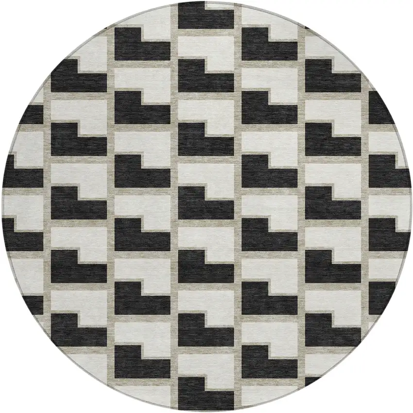 8' Black And Ivory Round Geometric Washable Indoor Outdoor Area Rug Photo 1