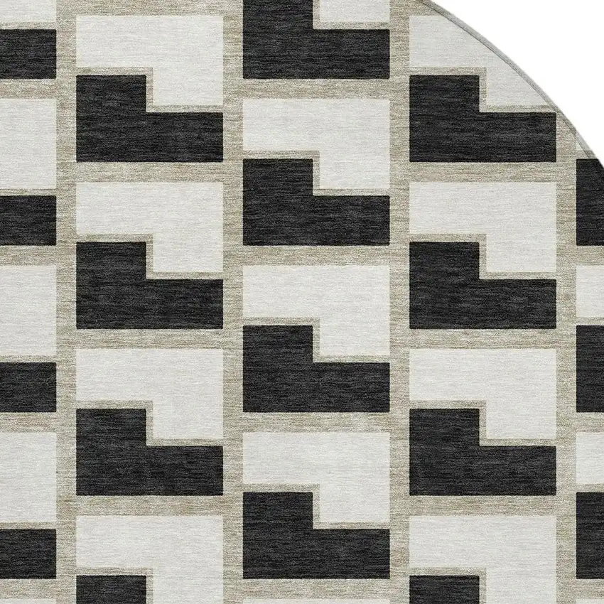 8' Black And Ivory Round Geometric Washable Indoor Outdoor Area Rug Photo 2