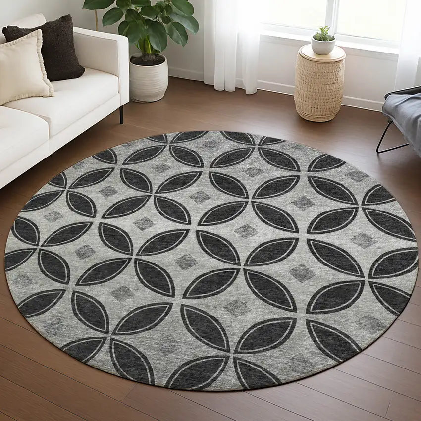8' Black And Ivory Round Geometric Washable Indoor Outdoor Area Rug Photo 5