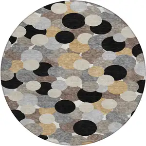 Photo of 8' Black And Ivory Round Geometric Washable Indoor Outdoor Area Rug