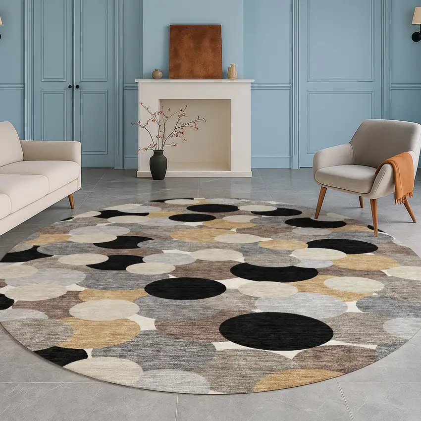 8' Black And Ivory Round Geometric Washable Indoor Outdoor Area Rug Photo 4