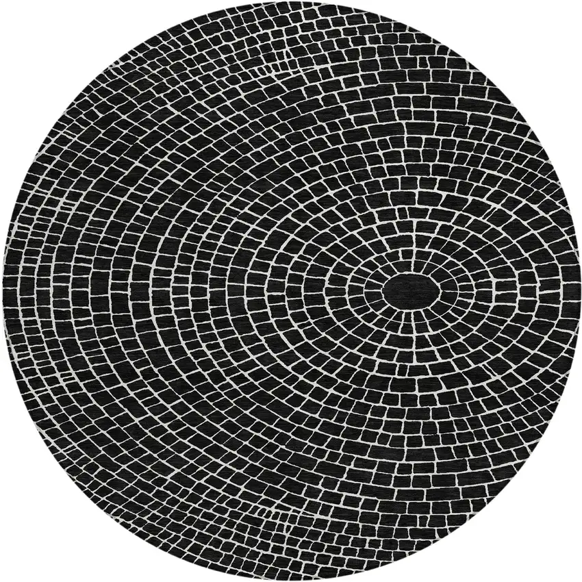 8' Black And Ivory Round Geometric Washable Indoor Outdoor Area Rug Photo 1