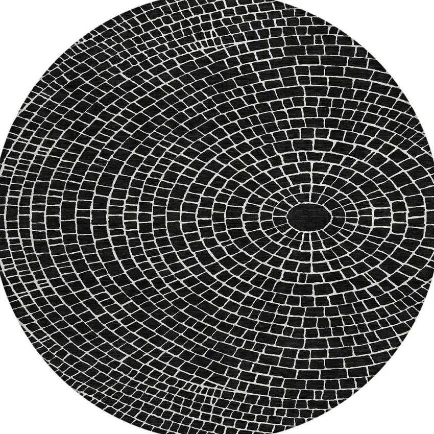 8' Black And Ivory Round Geometric Washable Indoor Outdoor Area Rug Photo 3