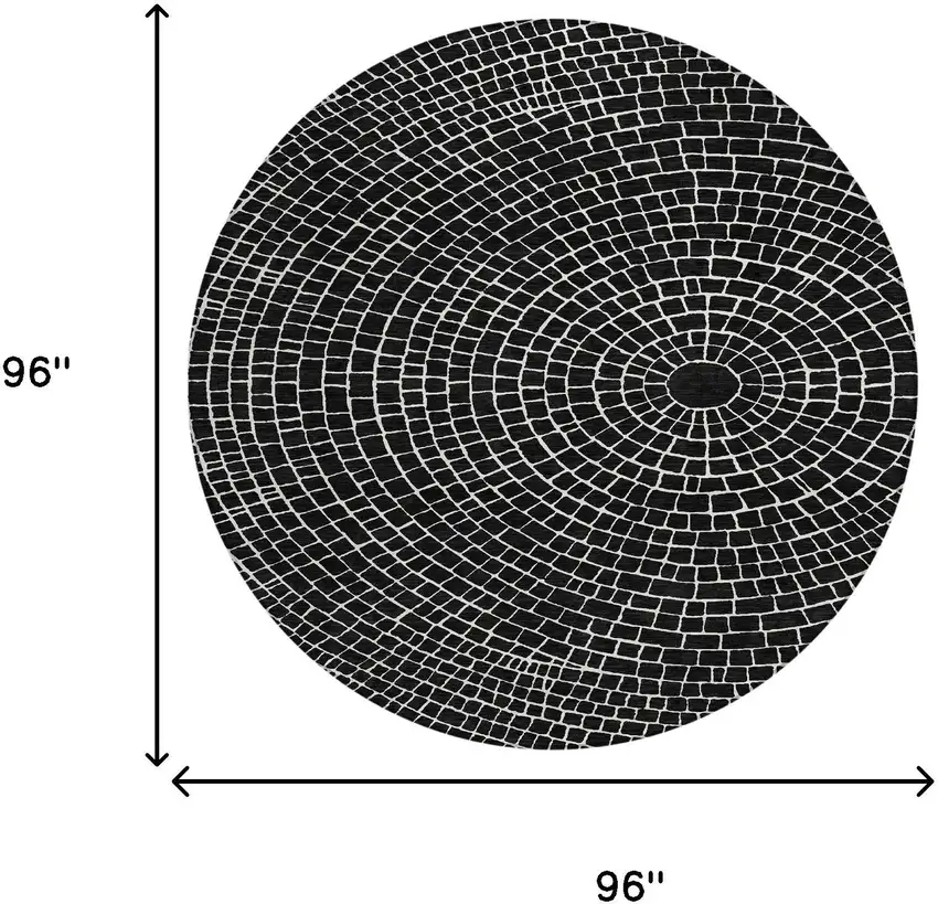 8' Black And Ivory Round Geometric Washable Indoor Outdoor Area Rug Photo 8