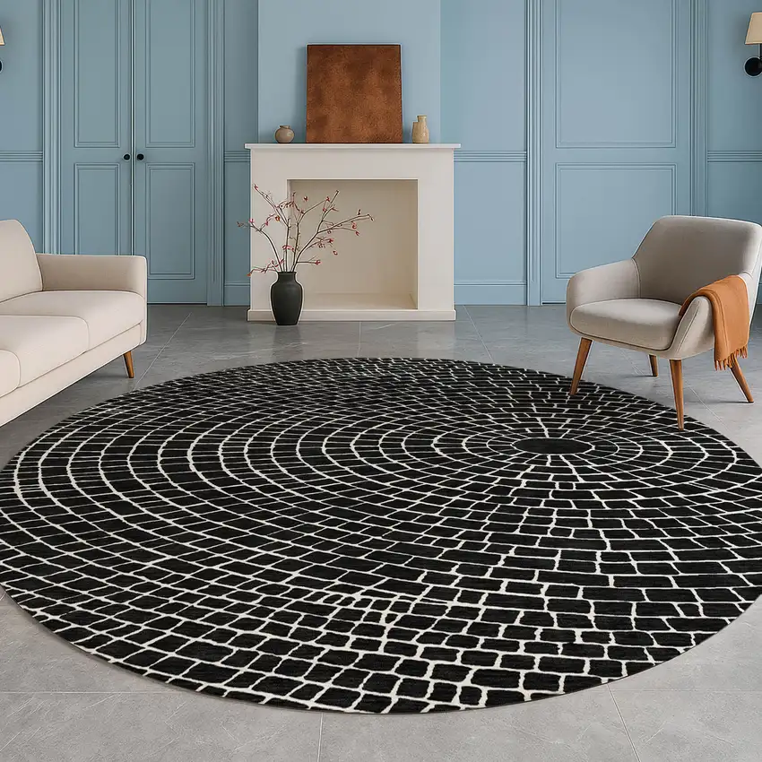 8' Black And Ivory Round Geometric Washable Indoor Outdoor Area Rug Photo 5