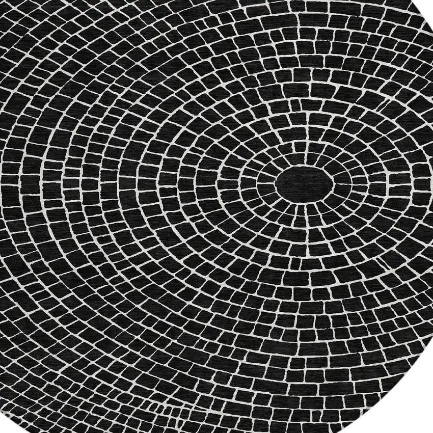 8' Black And Ivory Round Geometric Washable Indoor Outdoor Area Rug Photo 2