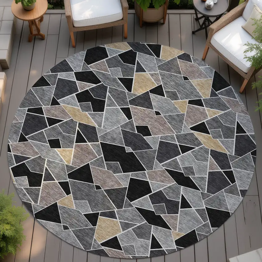 8' Black And Ivory Round Geometric Washable Indoor Outdoor Area Rug Photo 3