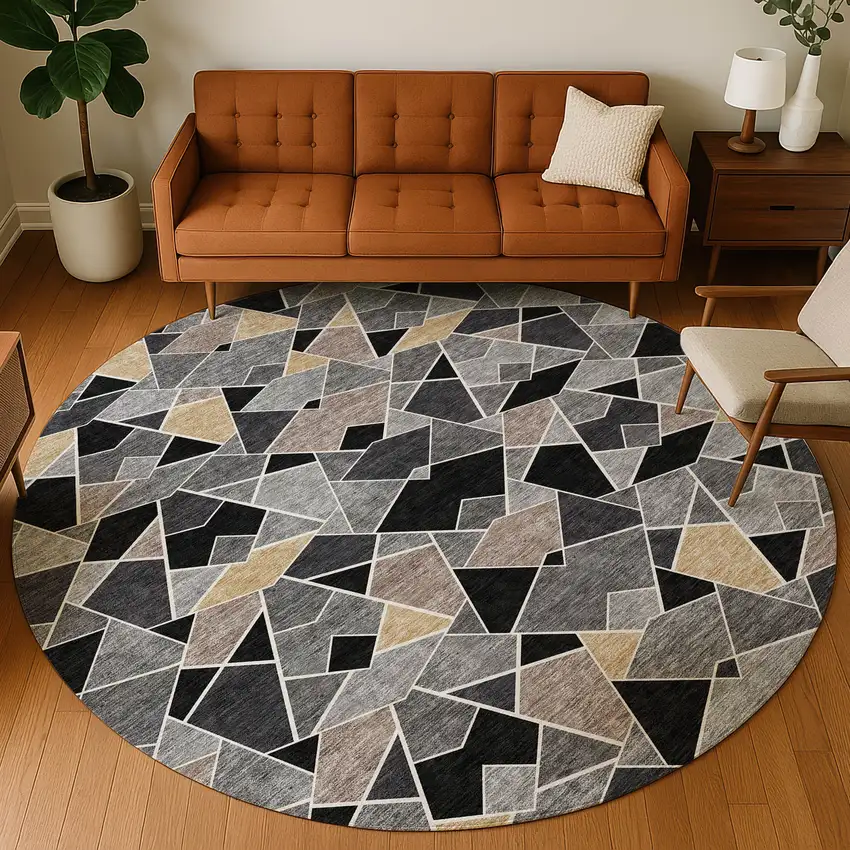 8' Black And Ivory Round Geometric Washable Indoor Outdoor Area Rug Photo 4