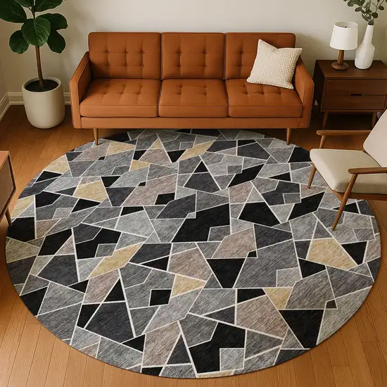 8' Black And Ivory Round Geometric Washable Indoor Outdoor Area Rug Photo 4