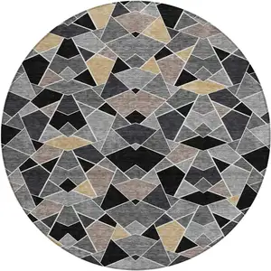 Photo of 8' Black And Ivory Round Geometric Washable Indoor Outdoor Area Rug