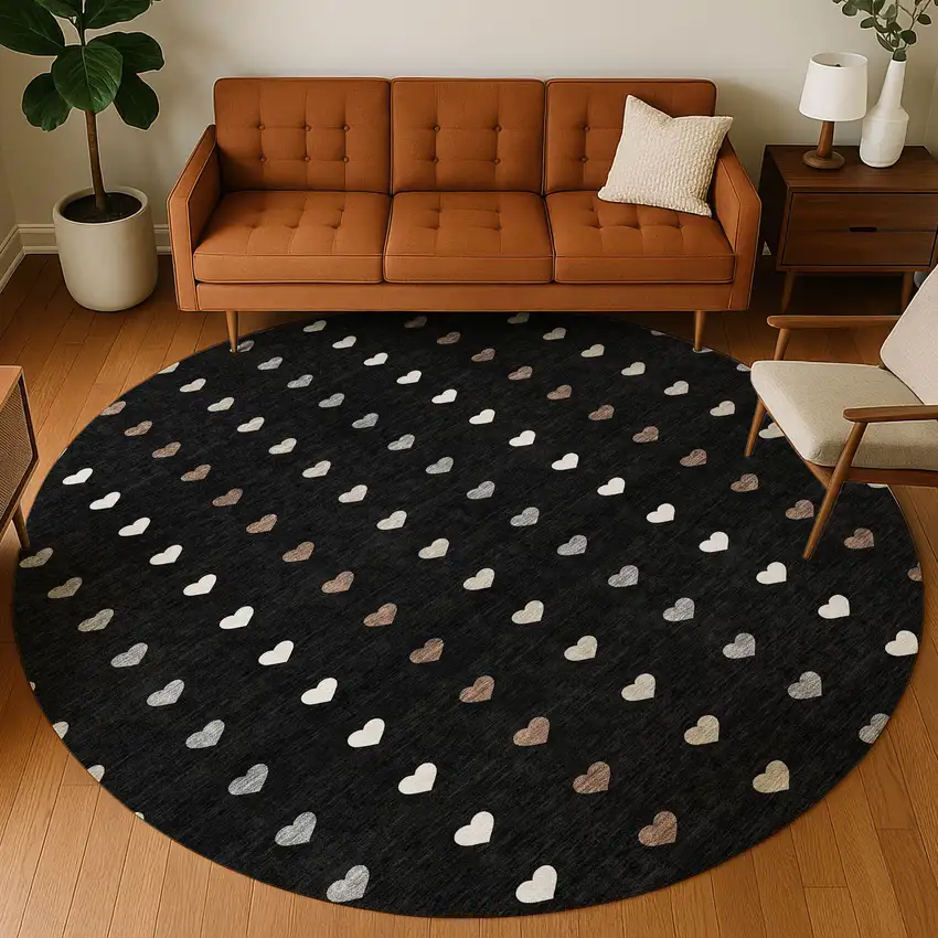 8' Black And Ivory Round Geometric Washable Indoor Outdoor Area Rug Photo 5