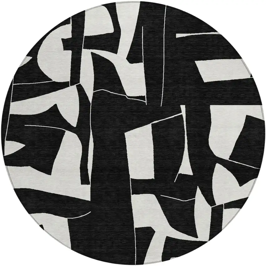 8' Black And Ivory Round Geometric Washable Indoor Outdoor Area Rug Photo 1