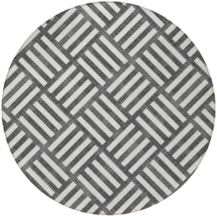 8' Black And Ivory Round Geometric Washable Indoor Outdoor Area Rug Photo 5