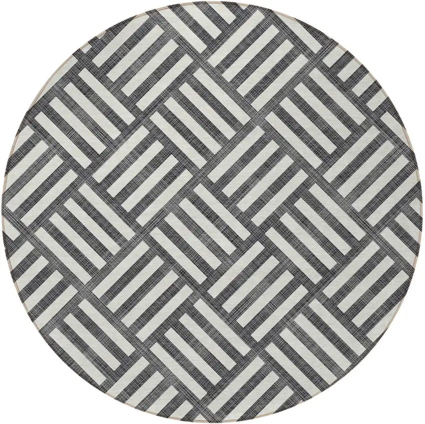 8' Black And Ivory Round Geometric Washable Indoor Outdoor Area Rug Photo 5