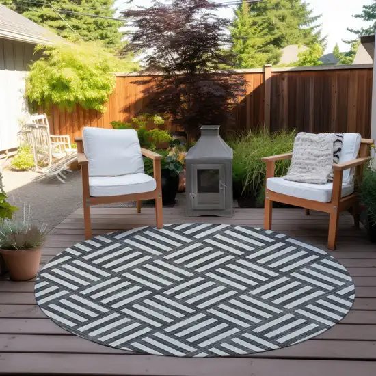 8' Black And Ivory Round Geometric Washable Indoor Outdoor Area Rug Photo 6