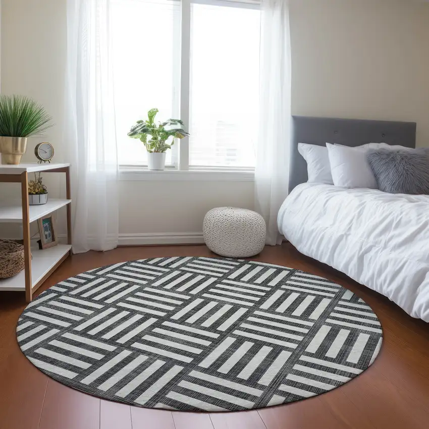 8' Black And Ivory Round Geometric Washable Indoor Outdoor Area Rug Photo 7