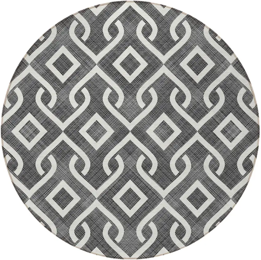 8' Black And Ivory Round Geometric Washable Indoor Outdoor Area Rug Photo 5