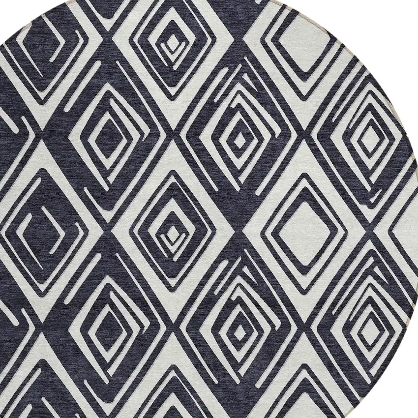 8' Black And Ivory Round Geometric Washable Indoor Outdoor Area Rug Photo 6