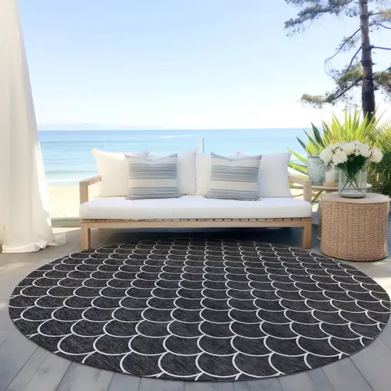 8' Black And Ivory Round Geometric Washable Indoor Outdoor Area Rug Photo 7