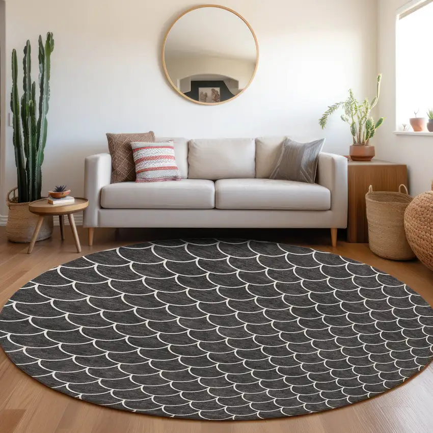 8' Black And Ivory Round Geometric Washable Indoor Outdoor Area Rug Photo 8