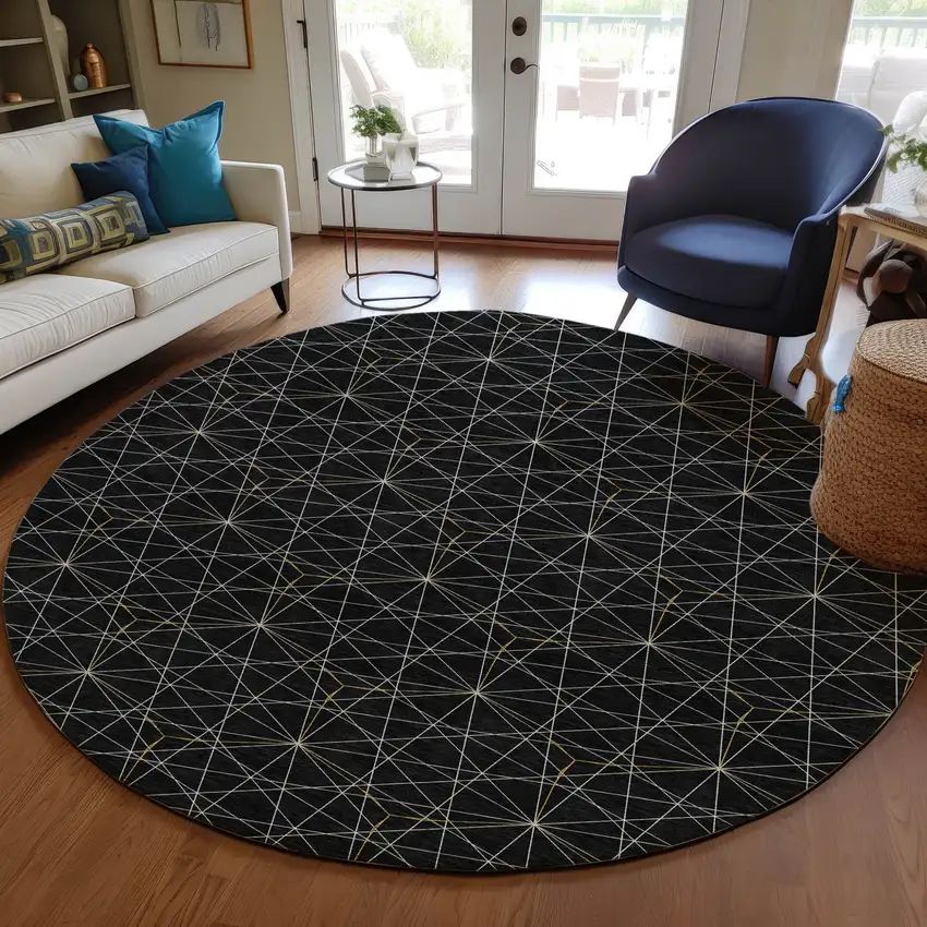 8' Black And Ivory Round Geometric Washable Indoor Outdoor Area Rug Photo 7