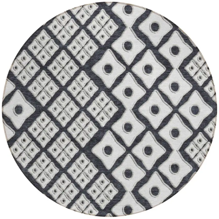8' Black And Ivory Round Geometric Washable Indoor Outdoor Area Rug Photo 6