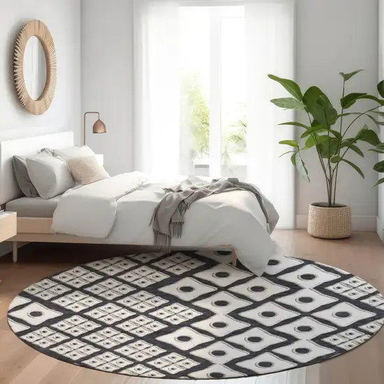 8' Black And Ivory Round Geometric Washable Indoor Outdoor Area Rug Photo 8
