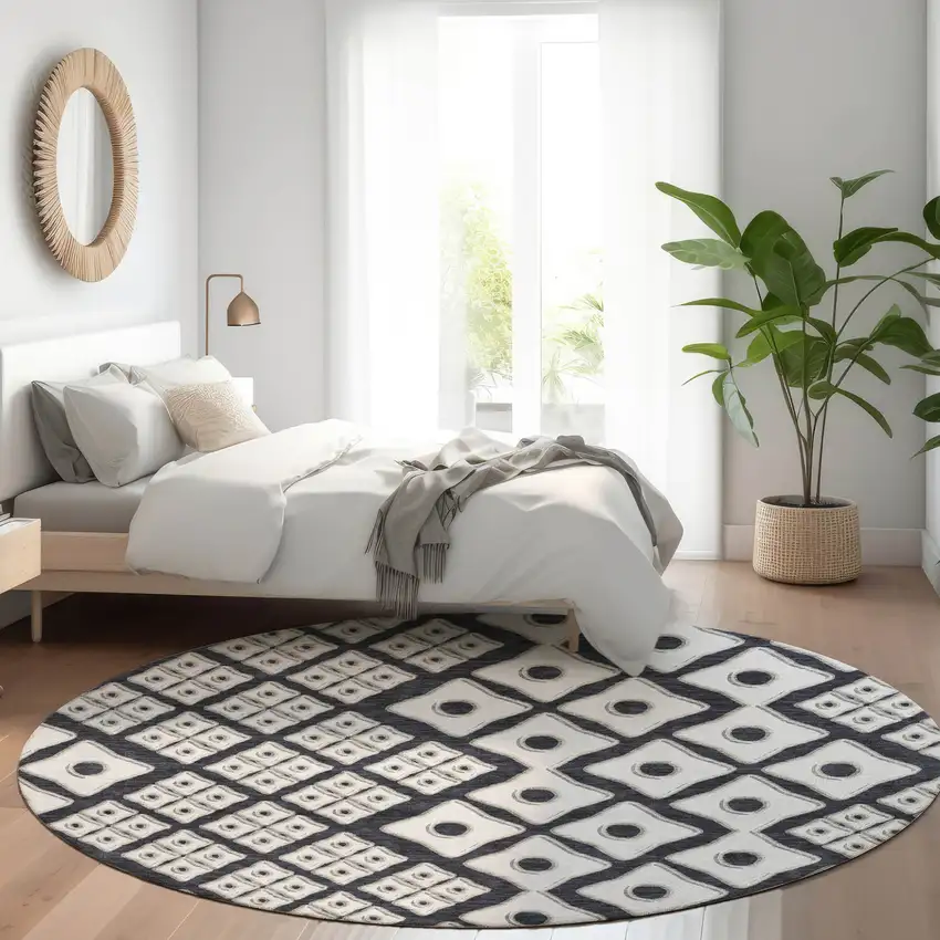 8' Black And Ivory Round Geometric Washable Indoor Outdoor Area Rug Photo 8