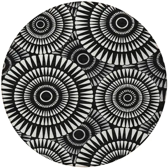 8' Black And Ivory Round Geometric Washable Indoor Outdoor Area Rug Photo 5