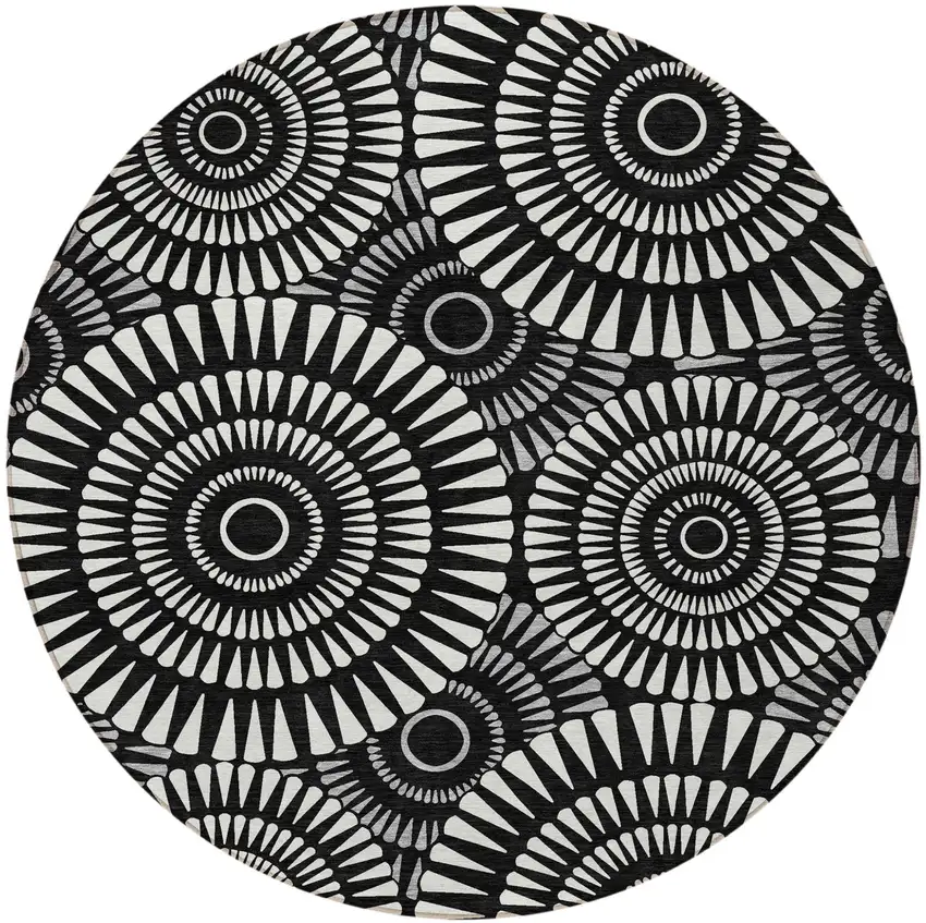 8' Black And Ivory Round Geometric Washable Indoor Outdoor Area Rug Photo 5