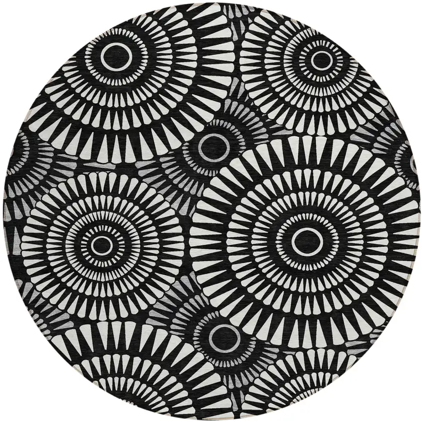 8' Black And Ivory Round Geometric Washable Indoor Outdoor Area Rug Photo 2