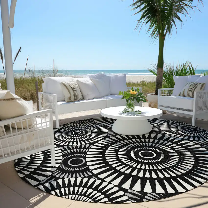 8' Black And Ivory Round Geometric Washable Indoor Outdoor Area Rug Photo 6
