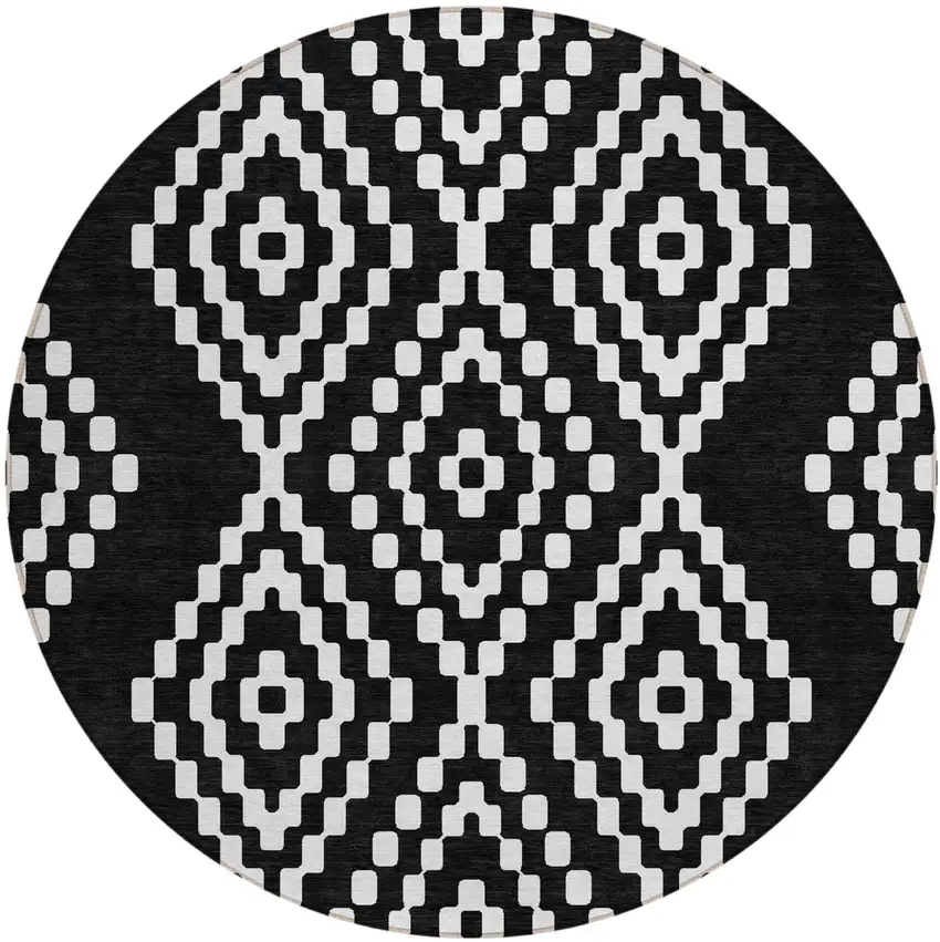 8' Black And Ivory Round Geometric Washable Indoor Outdoor Area Rug Photo 2