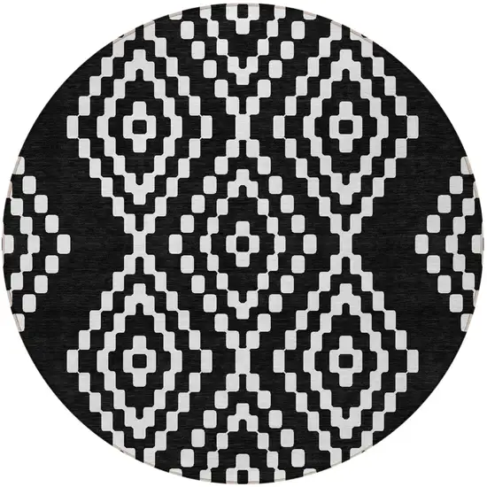 8' Black And Ivory Round Geometric Washable Indoor Outdoor Area Rug Photo 5