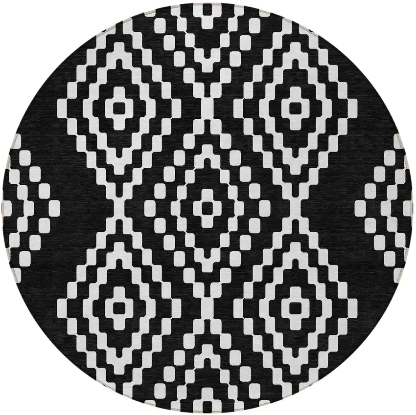 8' Black And Ivory Round Geometric Washable Indoor Outdoor Area Rug Photo 5
