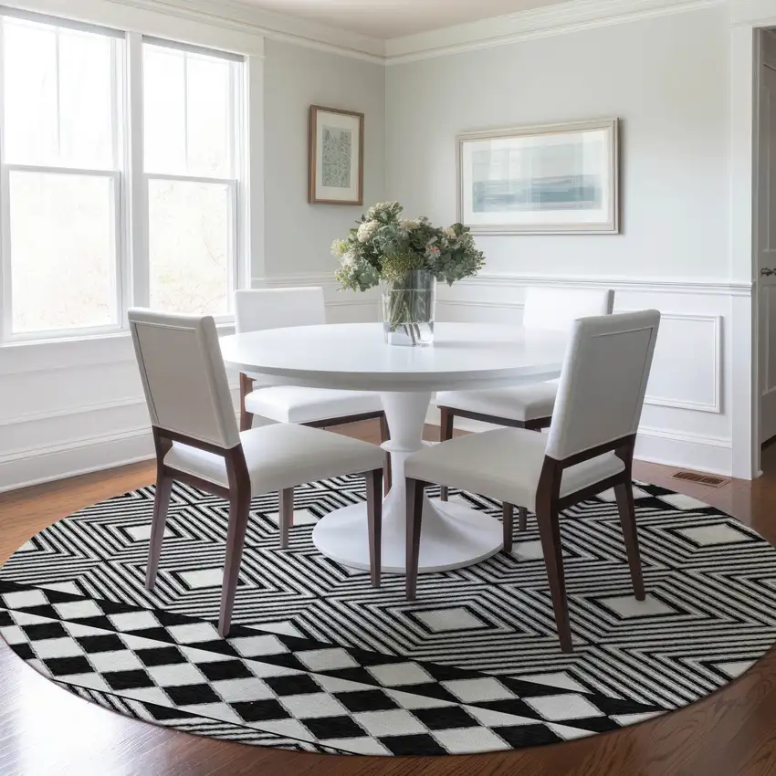 8' Black And Ivory Round Geometric Washable Indoor Outdoor Area Rug Photo 7