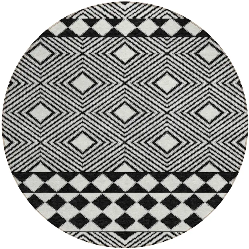 8' Black And Ivory Round Geometric Washable Indoor Outdoor Area Rug Photo 2