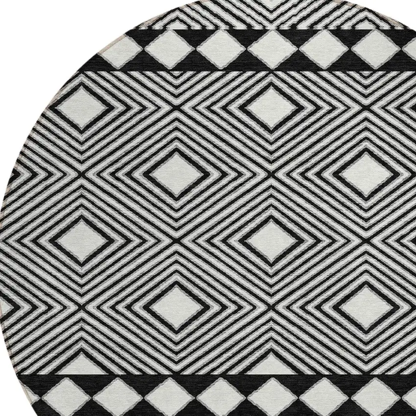 8' Black And Ivory Round Geometric Washable Indoor Outdoor Area Rug Photo 5