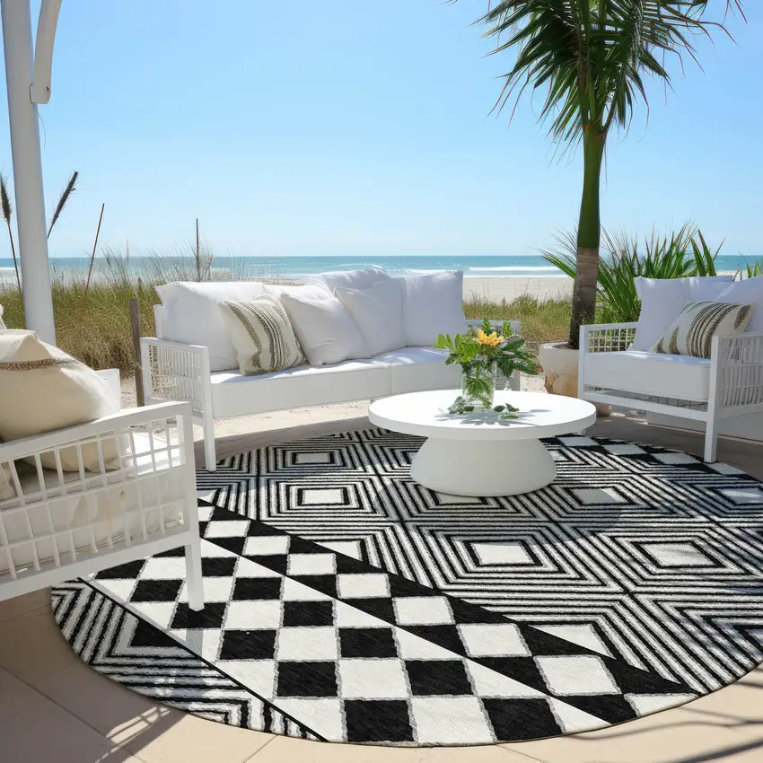 8' Black And Ivory Round Geometric Washable Indoor Outdoor Area Rug Photo 6