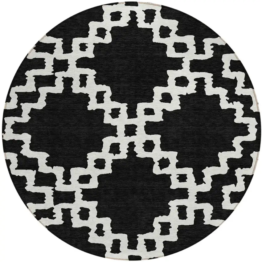8' Black And Ivory Round Geometric Washable Indoor Outdoor Area Rug Photo 5