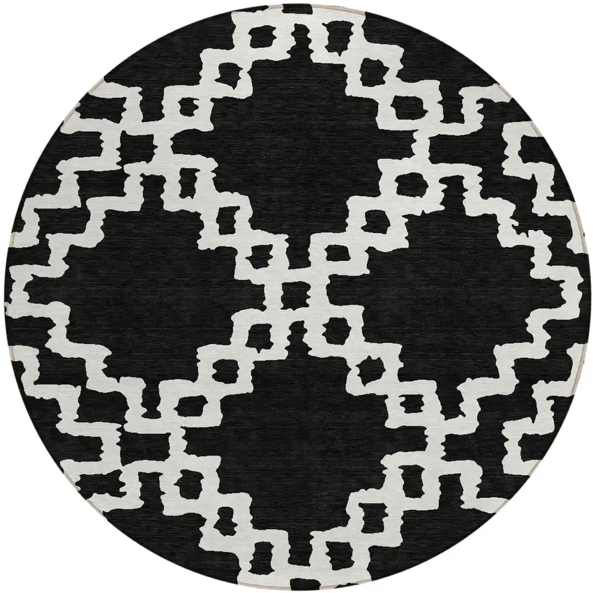 8' Black And Ivory Round Geometric Washable Indoor Outdoor Area Rug Photo 2