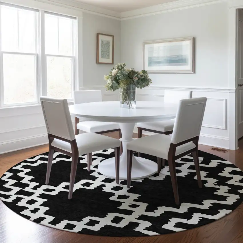 8' Black And Ivory Round Geometric Washable Indoor Outdoor Area Rug Photo 8