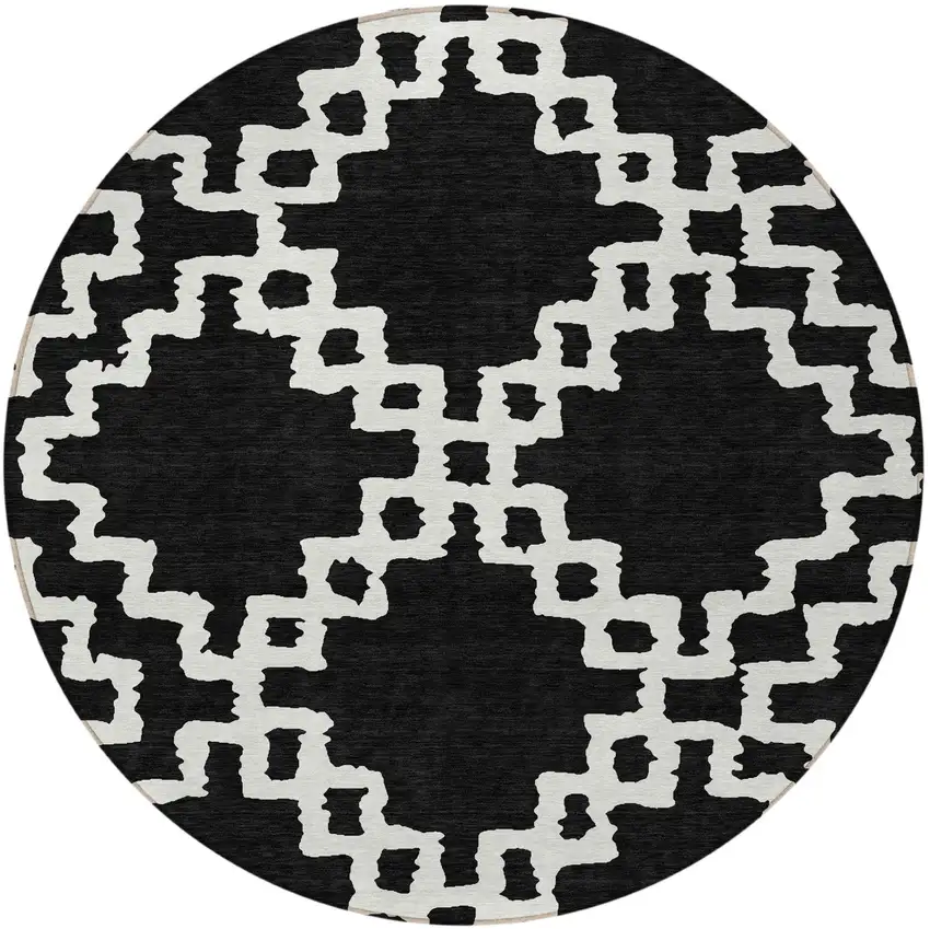 8' Black And Ivory Round Geometric Washable Indoor Outdoor Area Rug Photo 6