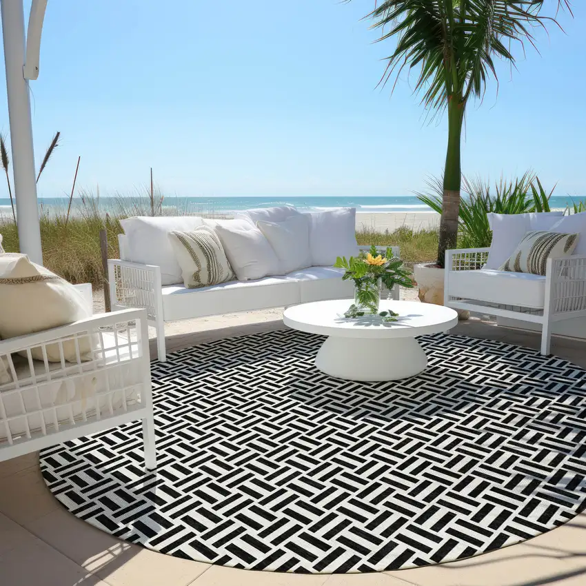 8' Black And Ivory Round Geometric Washable Indoor Outdoor Area Rug Photo 7