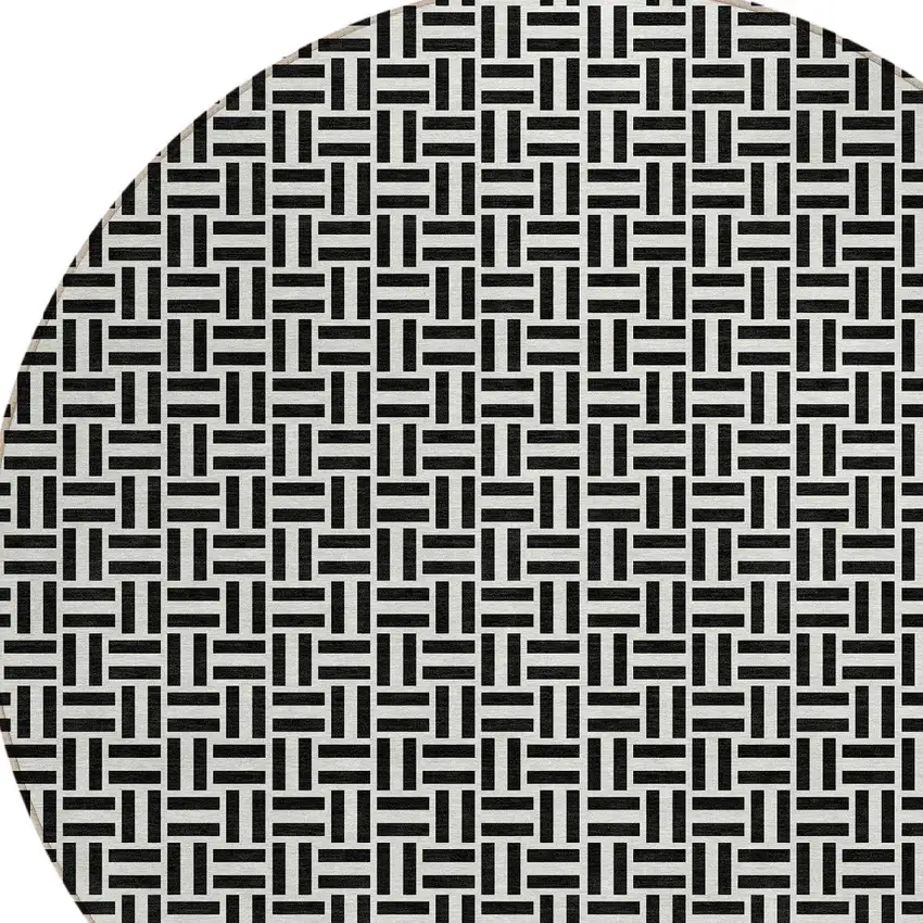 8' Black And Ivory Round Geometric Washable Indoor Outdoor Area Rug Photo 5
