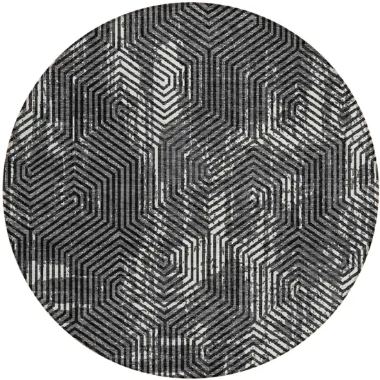 8' Black And Ivory Round Geometric Washable Indoor Outdoor Area Rug Photo 2
