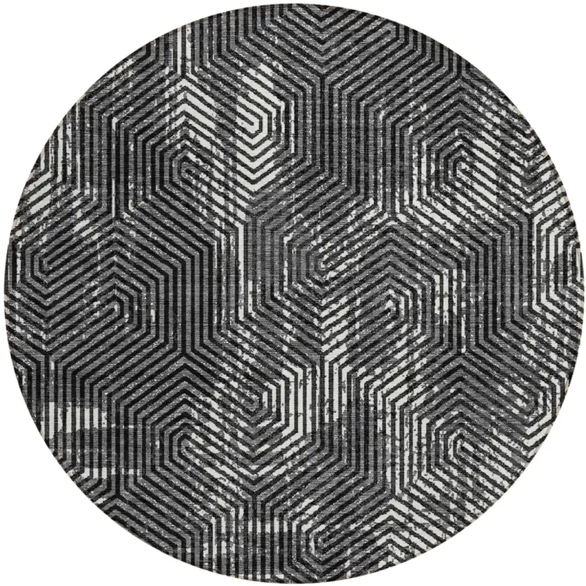 8' Black And Ivory Round Geometric Washable Indoor Outdoor Area Rug Photo 2