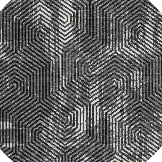 8' Black And Ivory Round Geometric Washable Indoor Outdoor Area Rug Photo 5