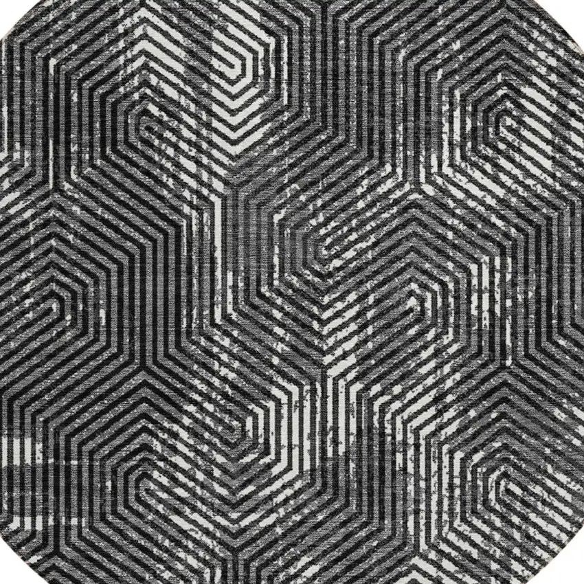 8' Black And Ivory Round Geometric Washable Indoor Outdoor Area Rug Photo 5
