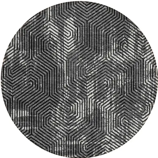 8' Black And Ivory Round Geometric Washable Indoor Outdoor Area Rug Photo 6